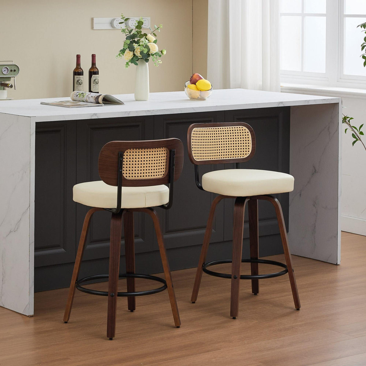 Set of 2 Counter Height Bar Stools - 26 inch Rattan Counter Height Stools with Cane Back, Upholstered Seat, Walnut Craftsmanship, Swivel Counter Stools for Island/Kitchen/Counter/Bar (Walnut /Beige)
