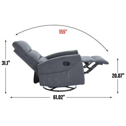Manual Recliner Chair with Rocker and Swivel in Fabric, Grey
