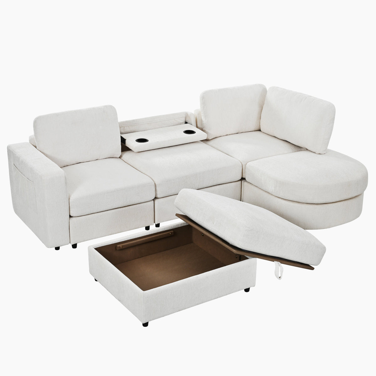 U-Style 102.4" U Shaped Sectional Sofa, Chenille Modular Couch with Curved Ottoman & Storage Ottoman, 3 Seater Sofa with Drop Down Console and 2 Cup Holders, Solid Pine Wood Frame for Living Room