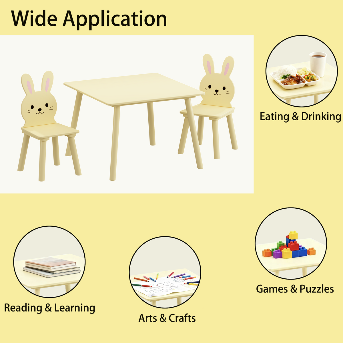 Kids Table and Chair Set with 2 Bunny Chairs, Children's Wooden Activity Table for Toddlers, Cute Animal Design Study Play Set