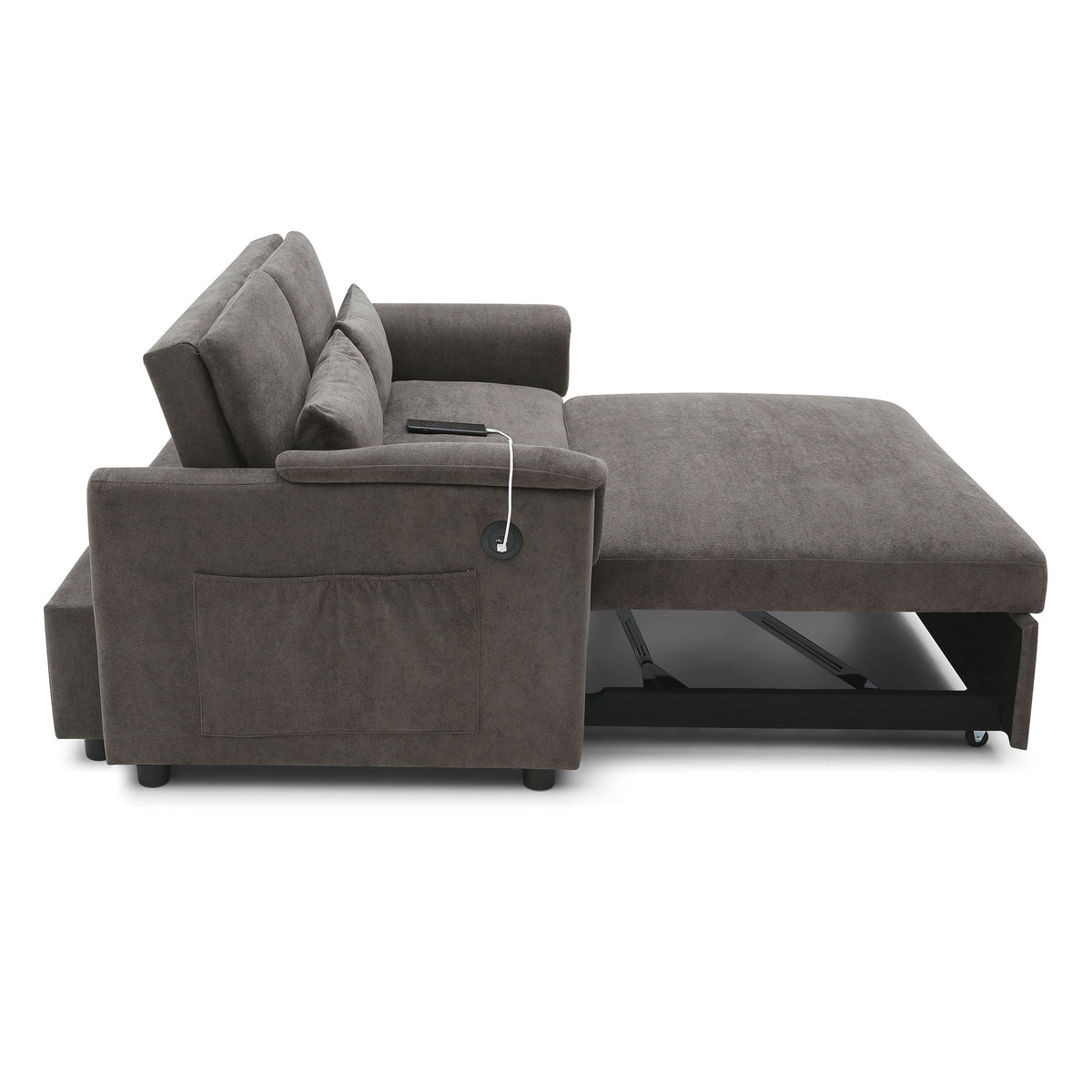 55" Velvet Two Seater Pull Out Sofa Bed, Adjustable Backrest With USB Ports, Two Side Pockets, 3 in 1 Convertible Sleeper Sofa Bed