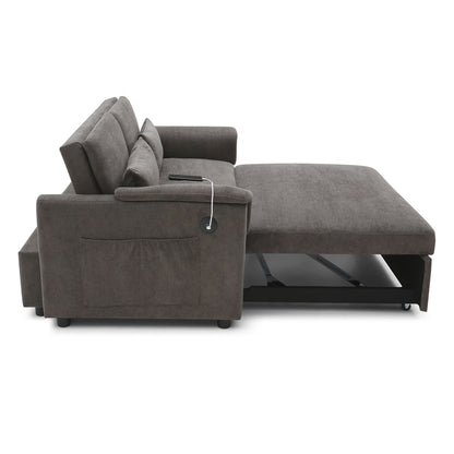 55" Velvet Two Seater Pull Out Sofa Bed, Adjustable Backrest With USB Ports, Two Side Pockets, 3 in 1 Convertible Sleeper Sofa Bed