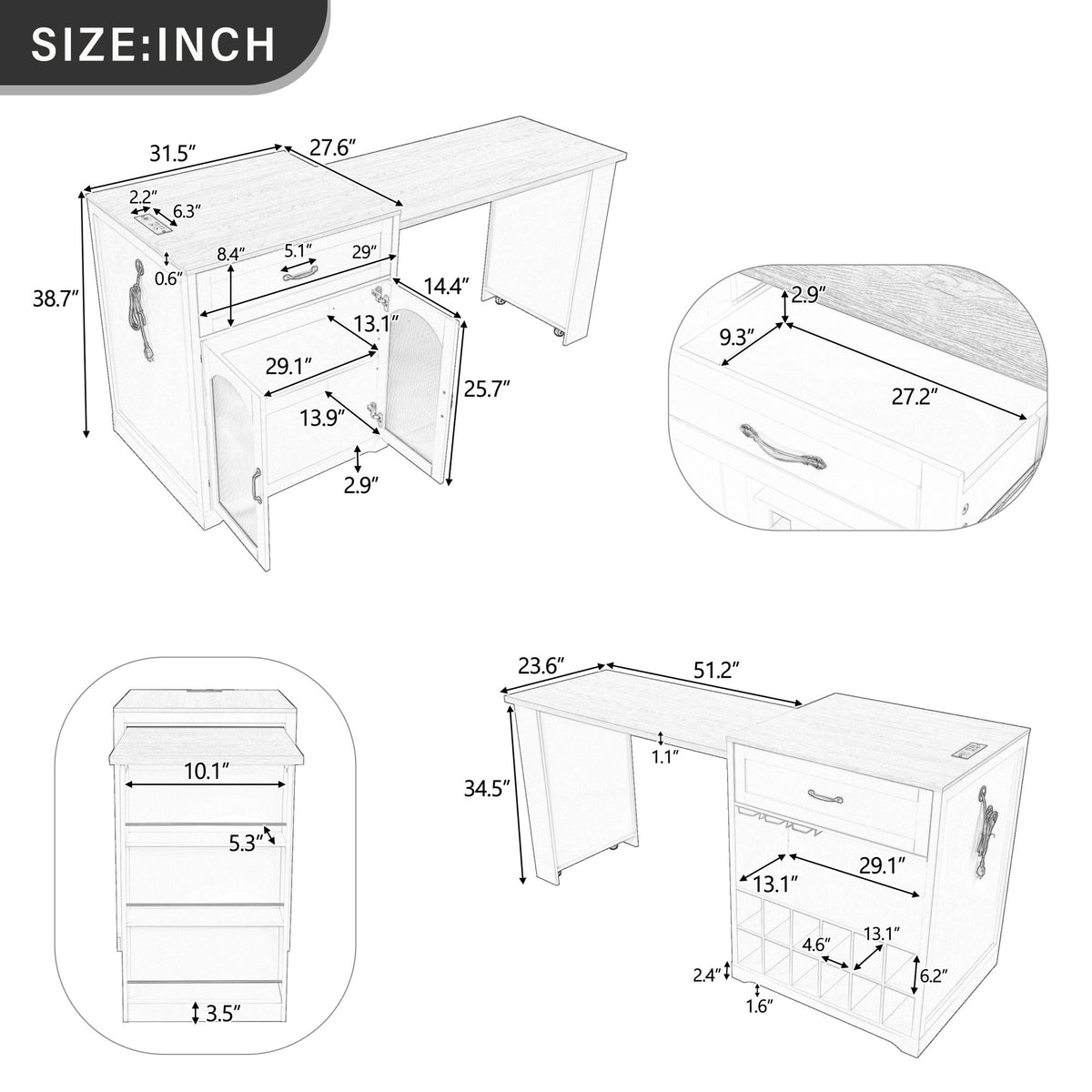U_STYLE Extendable Counter Table with Wheels,Bar Table with Built-in Power Outlet,Farmhouse Wine Cabinet with Double-Sided Drawers,Suitable for Kitchen & Home Bar (Chairs Not Included)