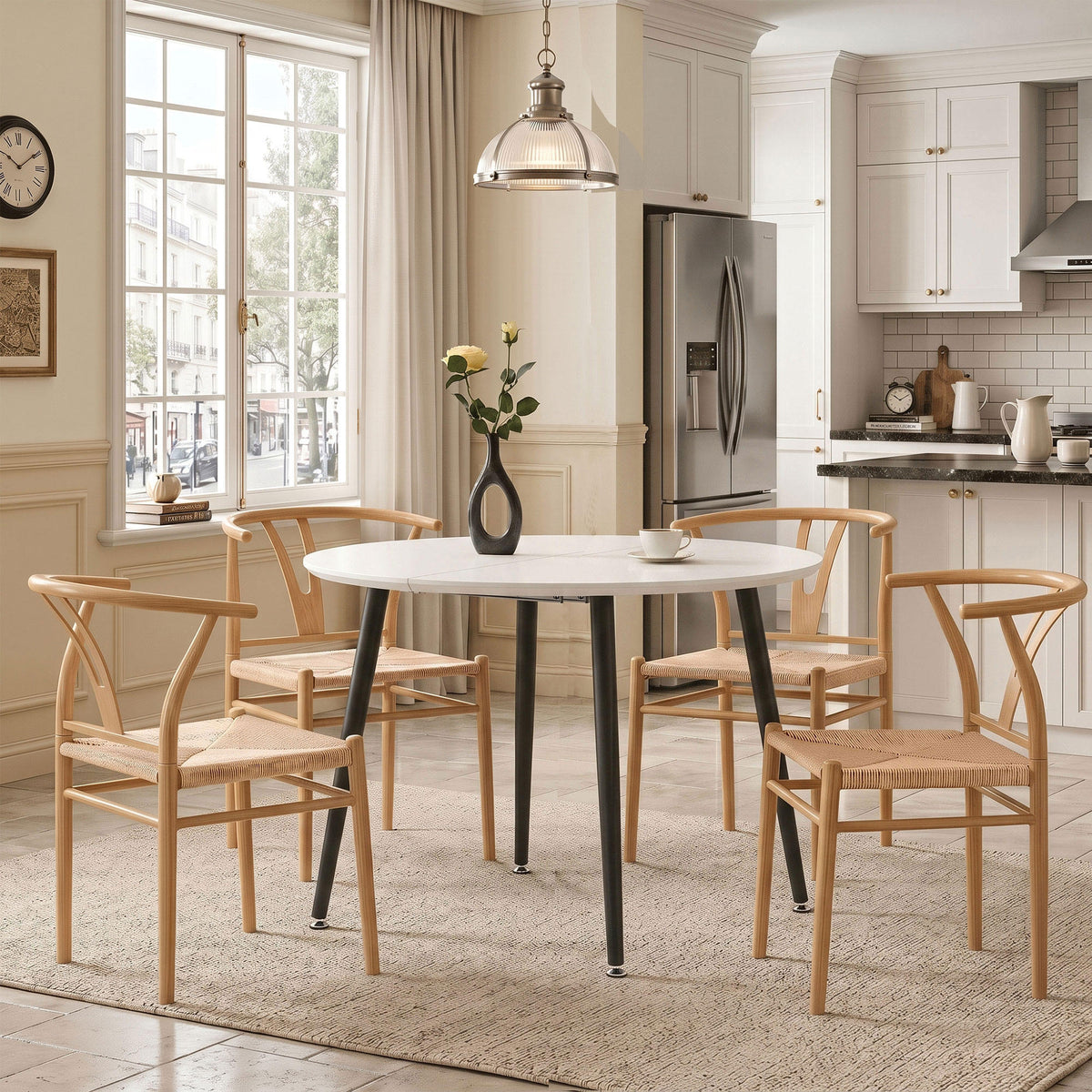 Using a clever telescopic mechanism, this white medium density fiberboard tabletop is paired with black metal legs, resulting in a smooth and delicate surface. Its unique design creates a smooth.
