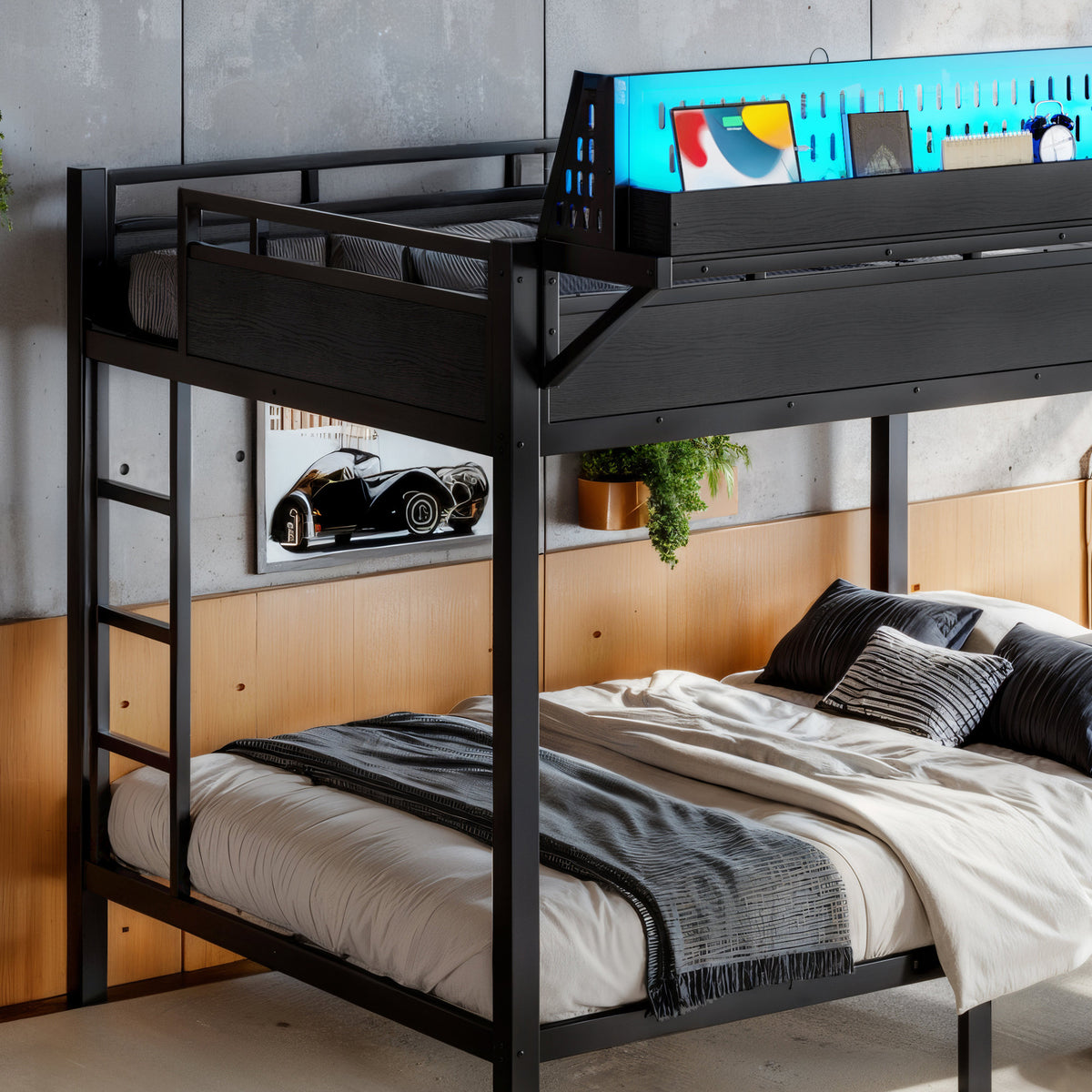 Queen over Queen Size Metal Bunk Bed with Storage Shelves and Pegboard, Bunk Bed Frame with USB Ports and LED Lights, Space-Saving, for Teens and Adults, Black