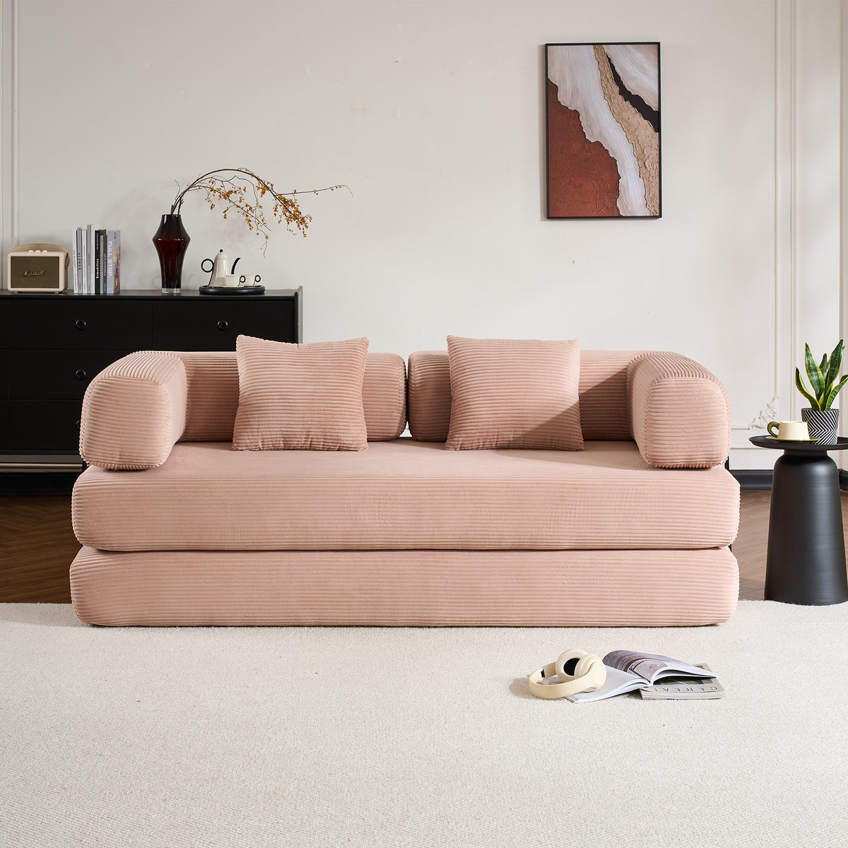 Convertible Sleeper Sofa Bed with Cylindrical Pillow, Corduroy Folding Mattress Couch with Fixed-Shape Frame, Floor Sofa Lounge Couch - Pink