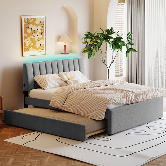 Teddy Fleece Queen Size Upholstered Platform Bed with Twin XL Trundle, Gray