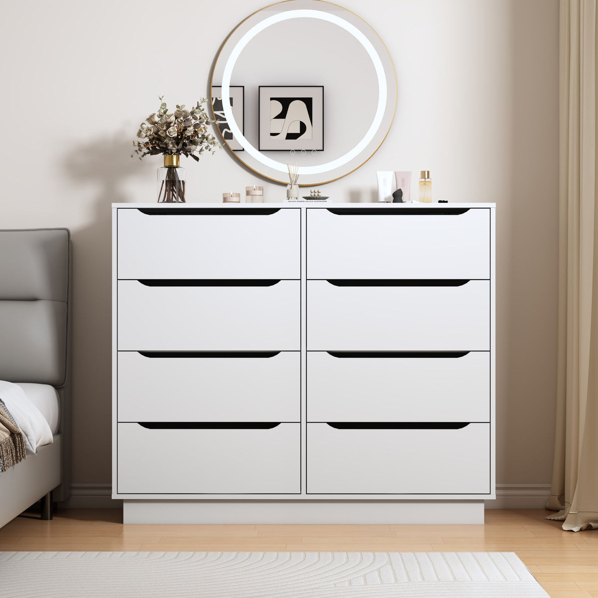 White Dresser, Long Dresser with 8 Drawers, 47.2''W Wooden Dressers Chest of 8 Drawers, Large Capacity Clothing Storage Cabinet