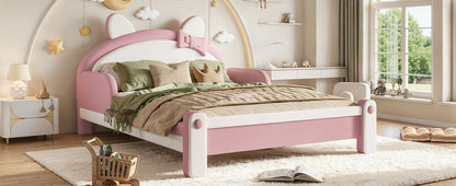 Full Cute Cat Shaped Upholstered Kids Platform Bed, Princess Style Low Profile Children Bed Frame for Bedroom,white&Pink