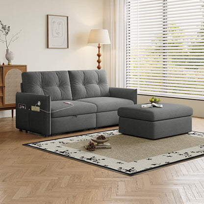 Sleeper Sofa, 69.7' Pull-Out Bed Storage Sectional, Convertible 2-in-1 Sofa Bed with Ottoman, Cozy Multi-Functional Futon for Small Spaces, Corduroy Fabric, Ideal for Living Room & Bedroom