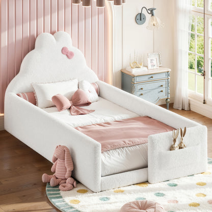 Twin Size Upholstered Floor bed, LowtoGround floor bed, Soft Padded Upholstered Kids bed, Safe Children Bed Frame with Side Storage Pocket for Kids.White