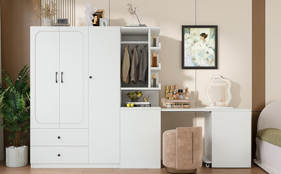 Multifunctional Wardrobe with 2 Doors and Hanging Rod, Wooden clothes closet with Convertible Desk and Storage Drawers – Model W1580S00475