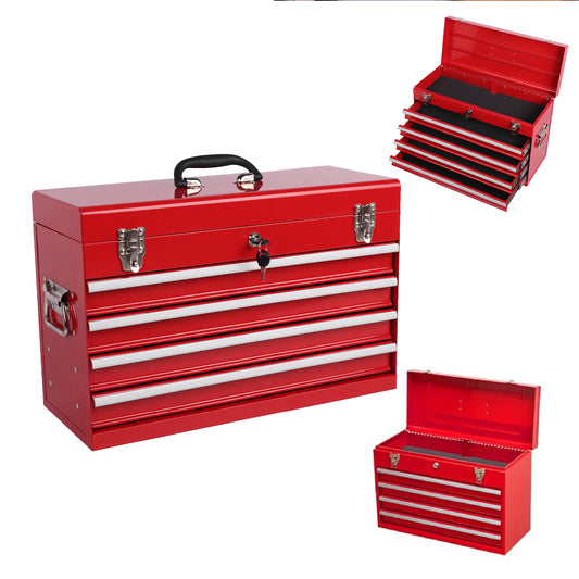 Heavy Duty Metal Tool Box, 21-inch, Portable Metal Tool Box with 4 Drawers, Small Tool Chest with EVA Liners – Red