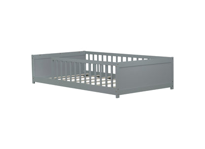 Twin size Floor Platform Bed with Built-in Book Rack, Grey
