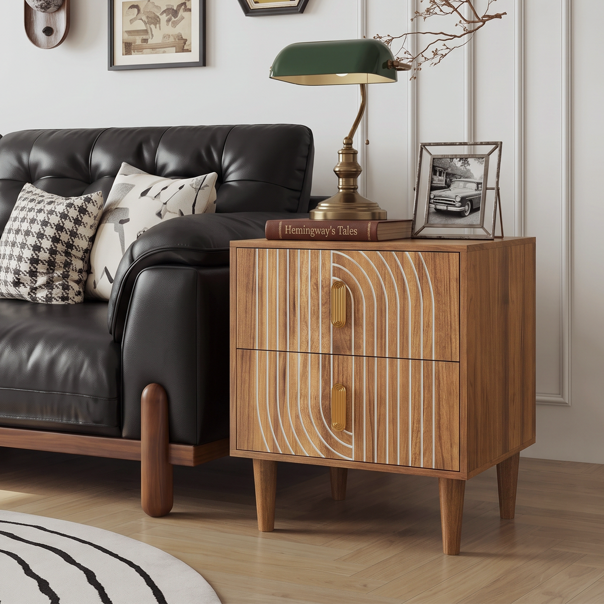 Medieval-style modern bedside table with double drawers for storage and solid wood legs; bedroom side table, bedside storage cabinet, compact bedside table, walnut color.
