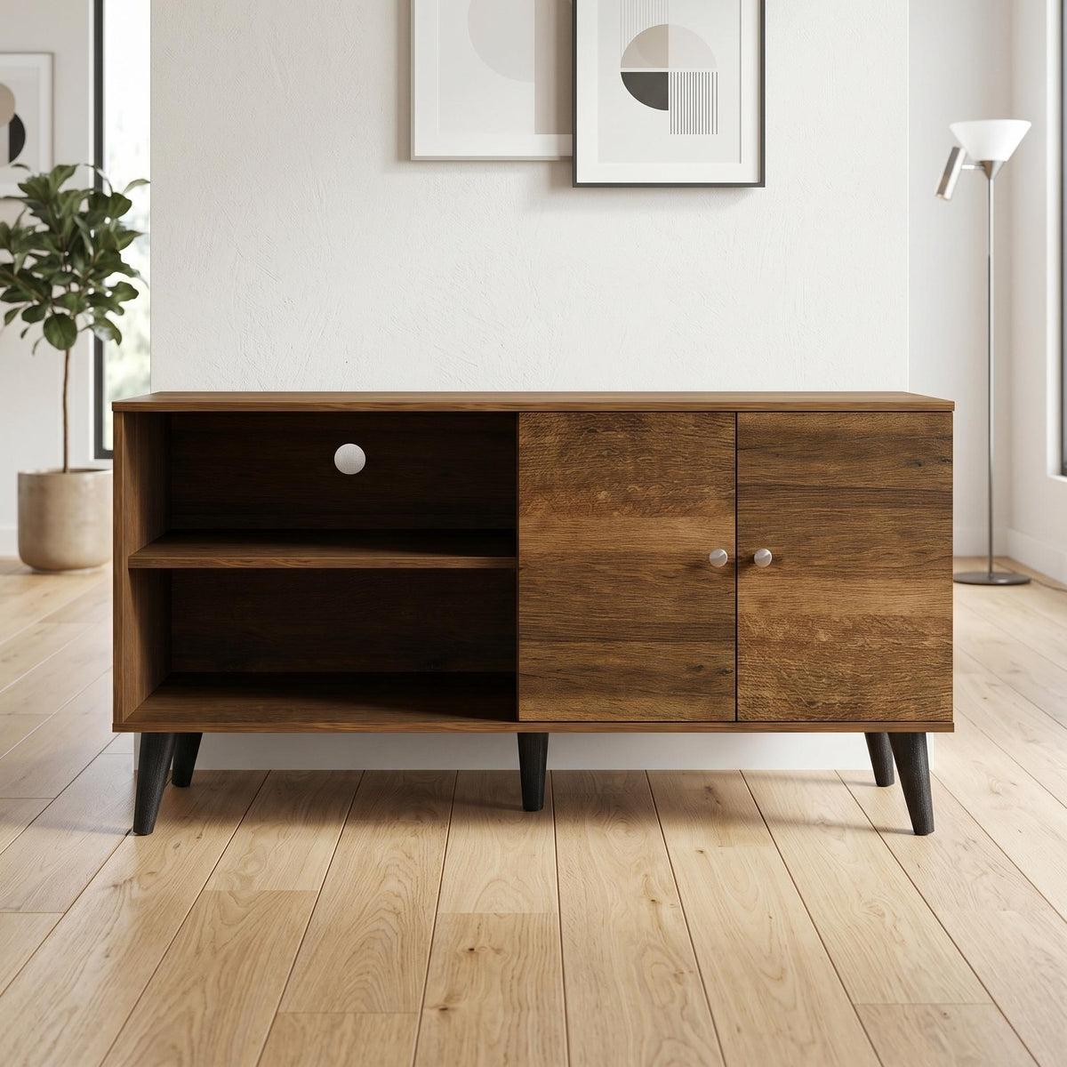 Amidon TV Stand for TVs up to 47.3', with 2 Storage Shelves& 1 Cabinet, Modern Entertainment Centre for TV in Living Room in Brown