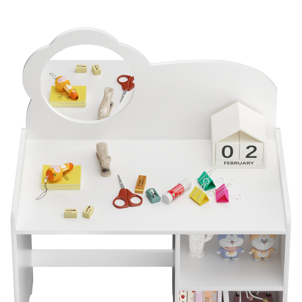 Kids Vanity Table with Mirror and Chair, Wooden Children's Dressing Makeup Desk with Storage Shelves