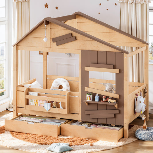 Twin Size Farmhouse Spliced House Bed with Window Shelf & Side Hooks, Playhouse Bed Frame with Underbed Storage Drawers and LED,Light Natural