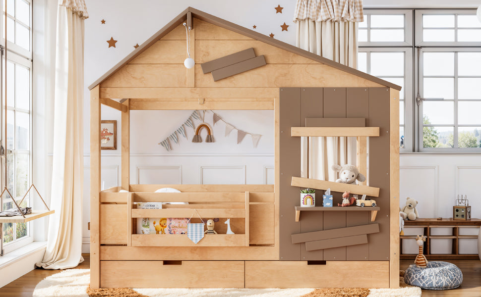 Twin Size Farmhouse Spliced House Bed with Window Shelf & Side Hooks, Playhouse Bed Frame with Underbed Storage Drawers and LED,Light Natural