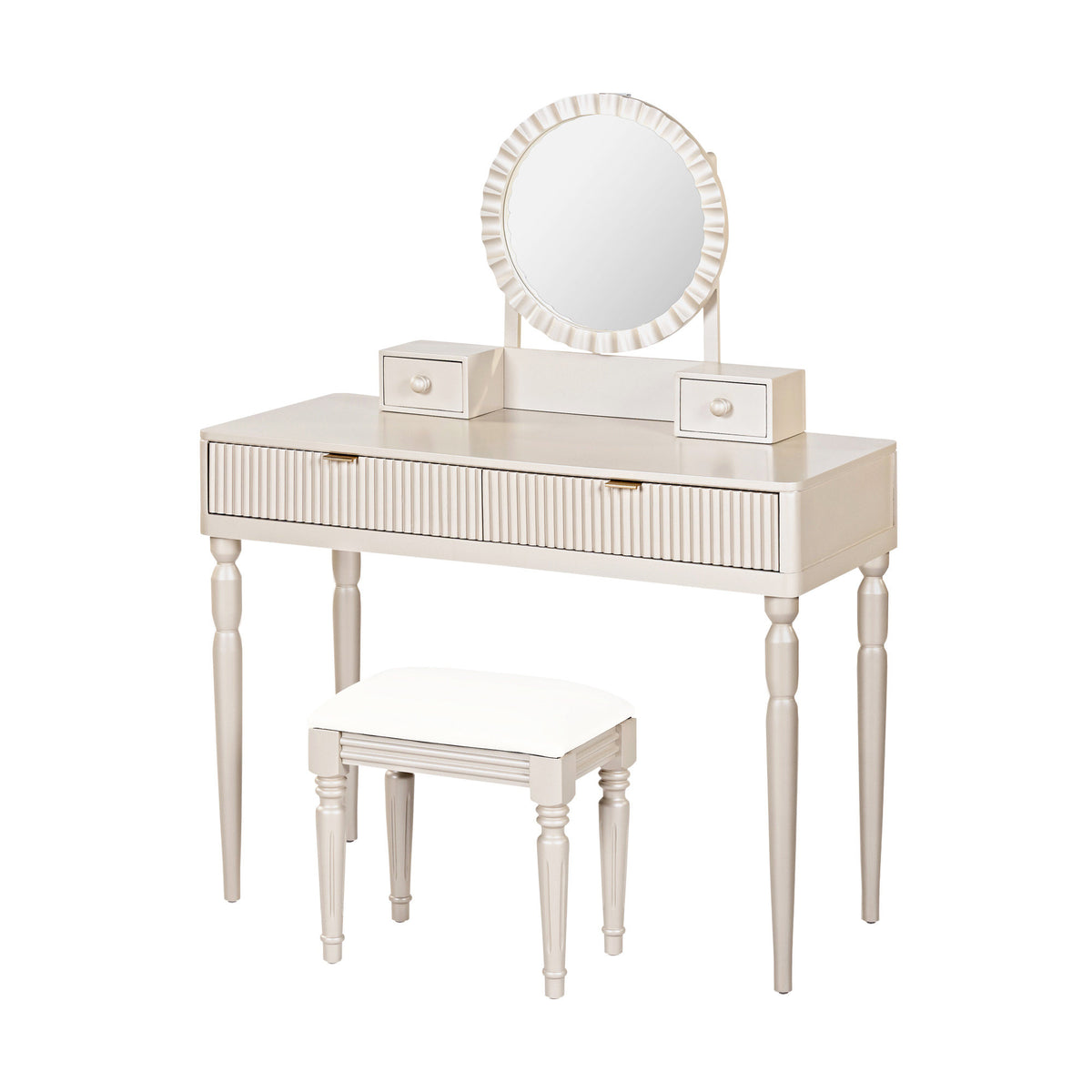 Luxury Vanity Desk with Round Mirror,Height-Adjustable, Stylish Dressing Table Set, 4 Drawers & Stool, Champagne