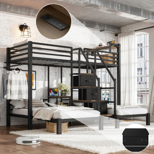 Twin over Twin Triple Bunk Bed, Heavy Duty Metal 3 Bunk Beds, Triple Bunk Bed with Storage Stair Drawers, Triple Bunk Bed for Kids Teens, Metal Frame Bunk Bed for 3 People, No Box Spring Needed, Black
