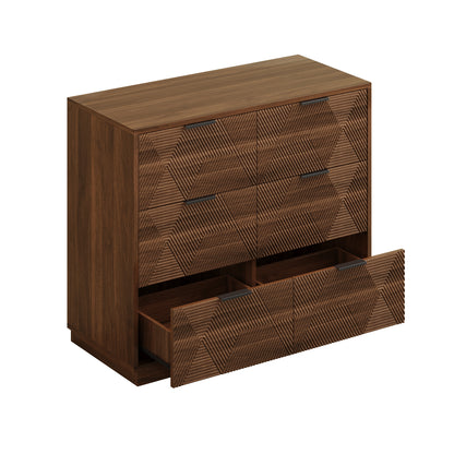 Modern Walnut Dresser with 6 Drawers, Mid Century 3D Geometric Wood Chest of Drawers, Large Storage Cabinet for Bedroom, Living Room & Entryway