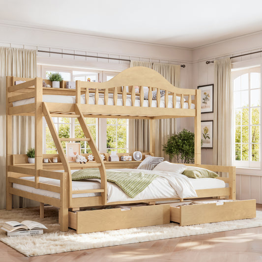 Twin XL Over Queen Bunk Bed with Storage Drawers, Chic Curved Guardrail & Side Storage Shelves, solid wood Bunk Bed Frame with Ladder, No Box Spring Needed. Natural