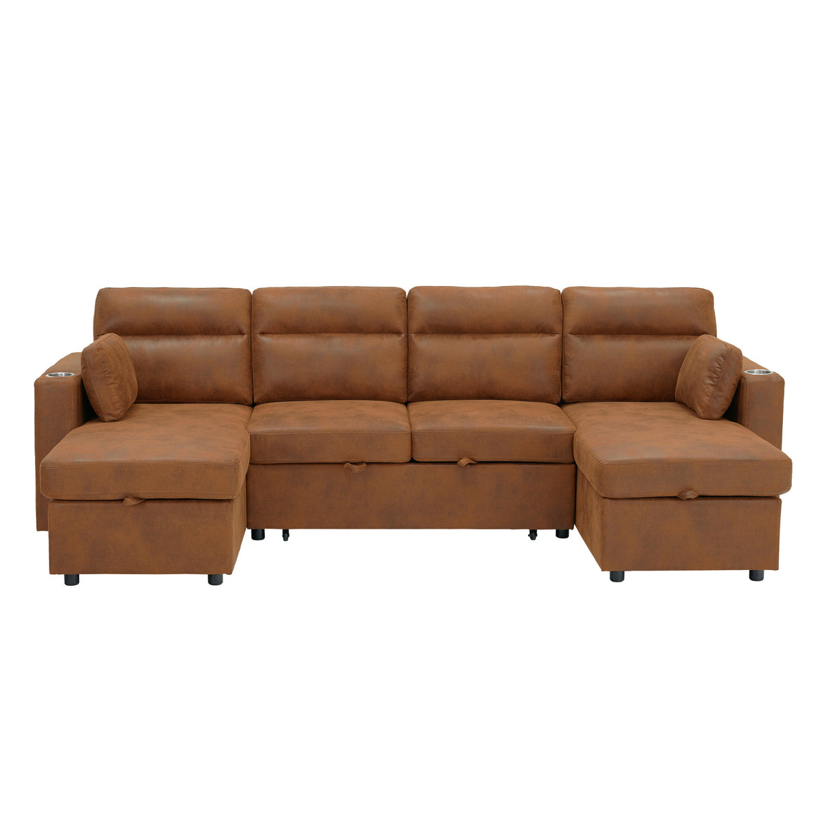 Convertible U-Shaped Sectional Sofa Bed with Double Storage Chaises, Pull-Out Sleeper, Cup Holders, and Lumbar Pillows
