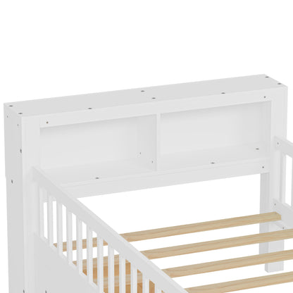 Twin Size Bed with Headboard Storage Rack, Two Under-Bed Drawers, Three-Side Guardrails for Safety and Security, White