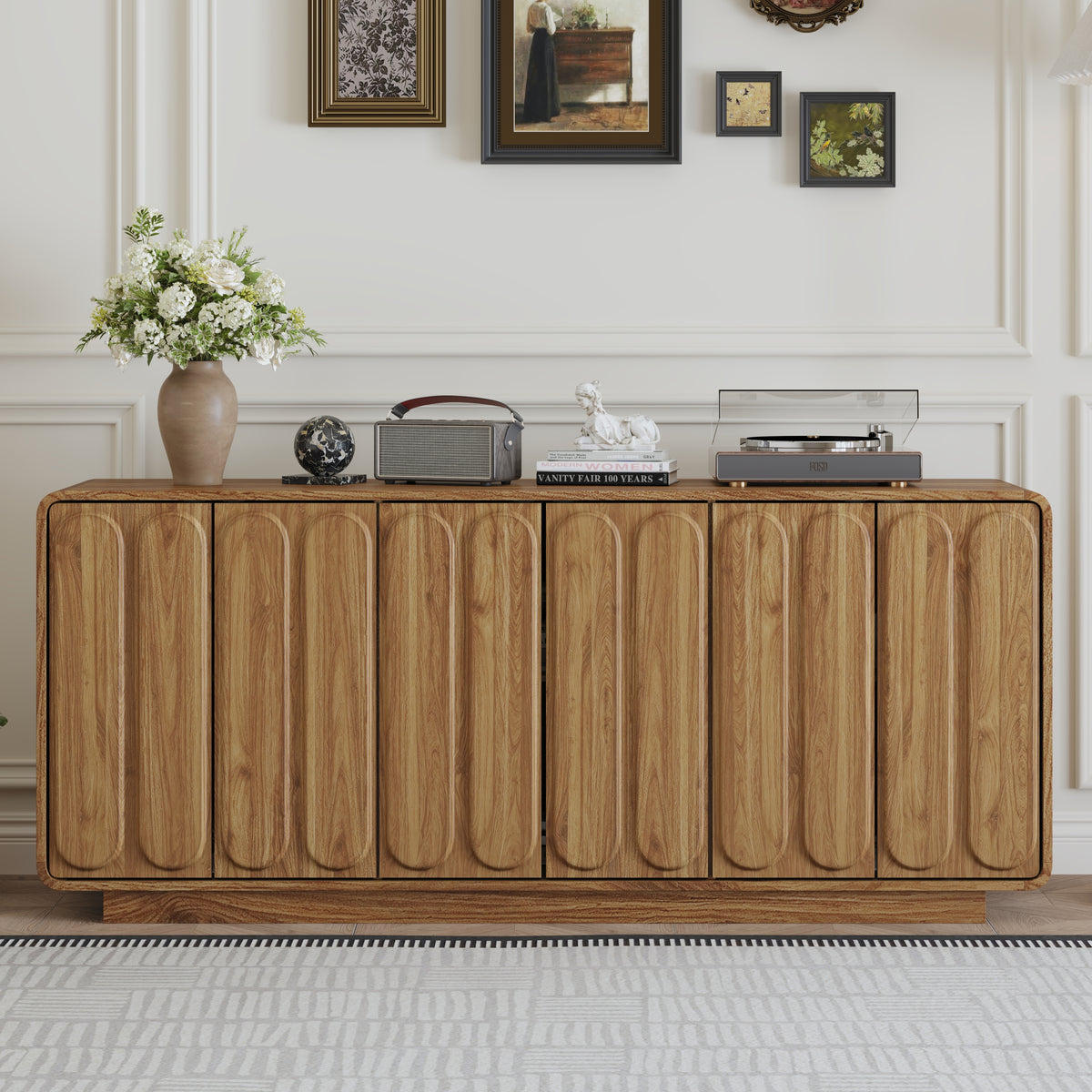 62.99' 6 Door Sideboard Cabinet, Curved Textured Cabinet Doors, Wooden Storage Buffet Credenza with Adjustable Shelves, Large Capacity Side Cabinet for Kitchen, Living Room and Dining Room,Natural