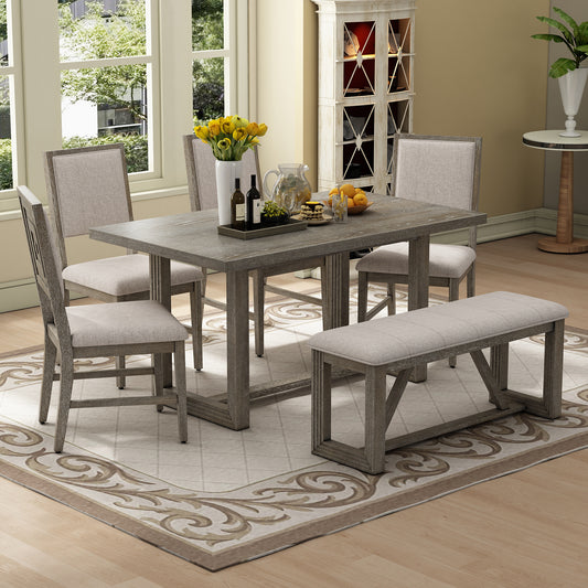 TREXM 6-Piece Retro Dining Table Set for 6, 60" Wood Kitchen Table and Chairs Set of 4 with Bench Designed Trestle Base - Gray – Oak
