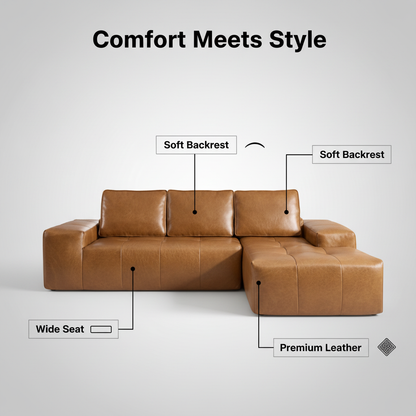 Boneless Couches for Living Room, Brown Faux Leather Cloud Sectional Couches with Chaise, Deep Seat L Shaped Modular Sofa, No Assembly Required Sofas in a Box(Right,Faux Leather,Brown)