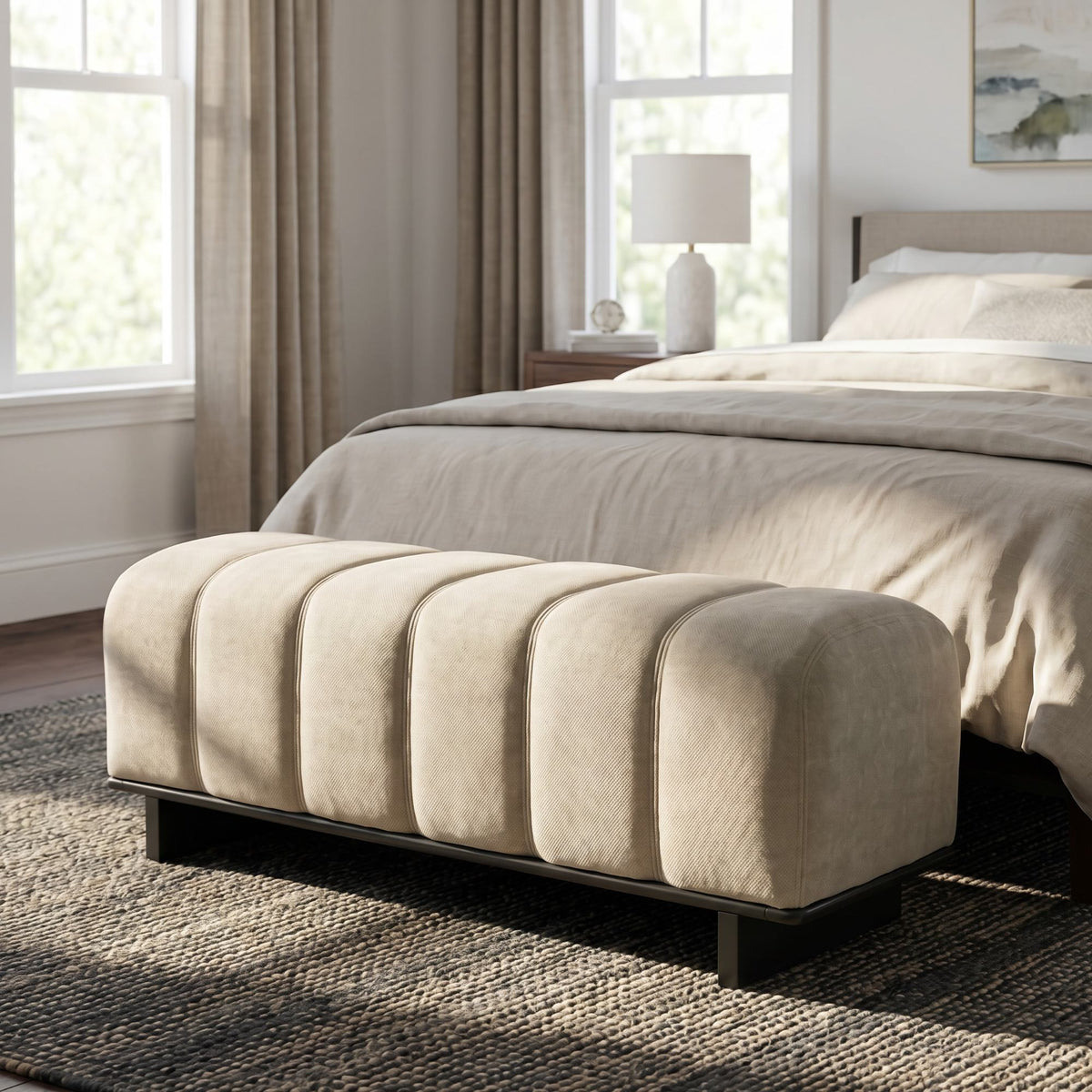 Modern Indoor Dining Bench in Oatmeal Chenille with Rubber Wood and Plywood Frame, 250lbs Capacity, Comfortable Seating for Dining Room or Living Area