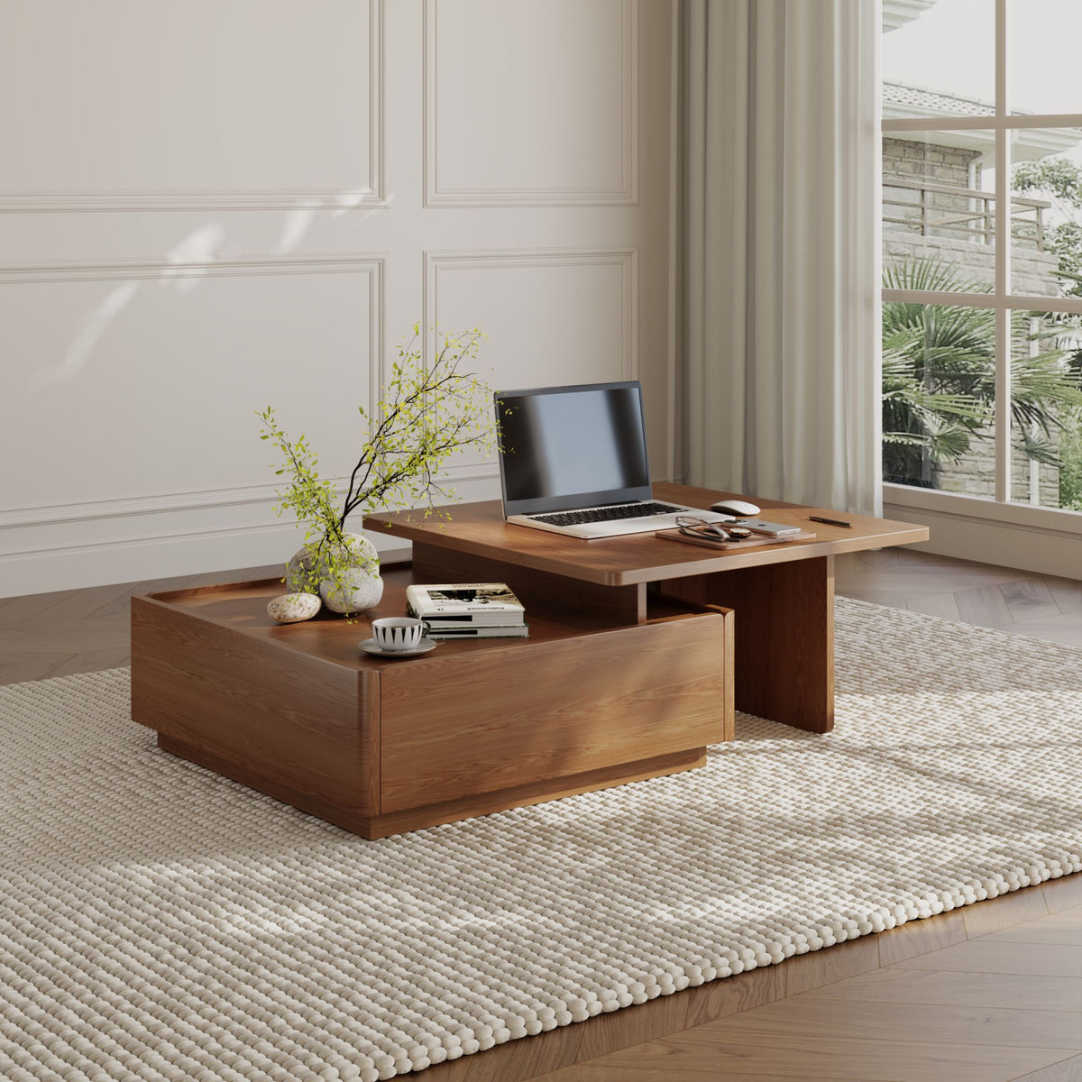 Luxury Walnut Wood Square Coffee Table with Large Hidden Storage, Expandable Tabletop Center Table for Living Room, Modern Accent Table with Drawers (59" Walnut Coffee Table)