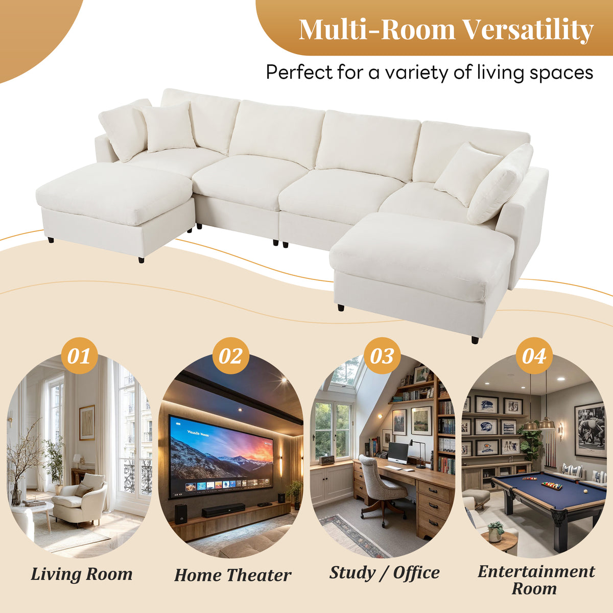 U_STYLE 128" Large U-Shaped Sectional Sofa with 2 Movable Ottomans, Chenille Fabric, Modular Design, Home Theater, Spacious Space