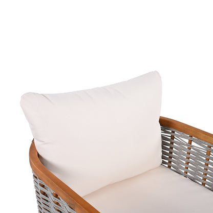 Outdoor Unique Tub Design Armchair with Woven Rope, Patio Furniture Acacia Wood Chair,  Deep Seating with Soft Cushions for Porch, Garden, Backyard, Balcony, Teak Finish & Beige Cushion