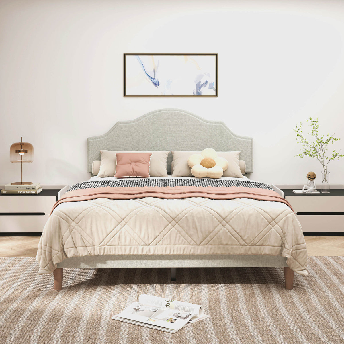 Queen Size Bed Frame Upholstered Platform Bed with Adjustable Headboard,Linen Fabric Padded,Modern Simple Style Platform Bed No Box Spring Needed, Easy Assembly, Beige