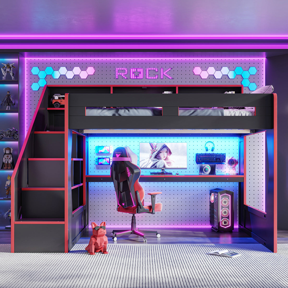 Queen Size Gaming Loft Bed with Storage Stair & Open Headboard Shelves, LED Light & USB Charging Desk, Elevated Loft Bed Frame with House-Shaped Cutout Design for Gamers,Black&Red