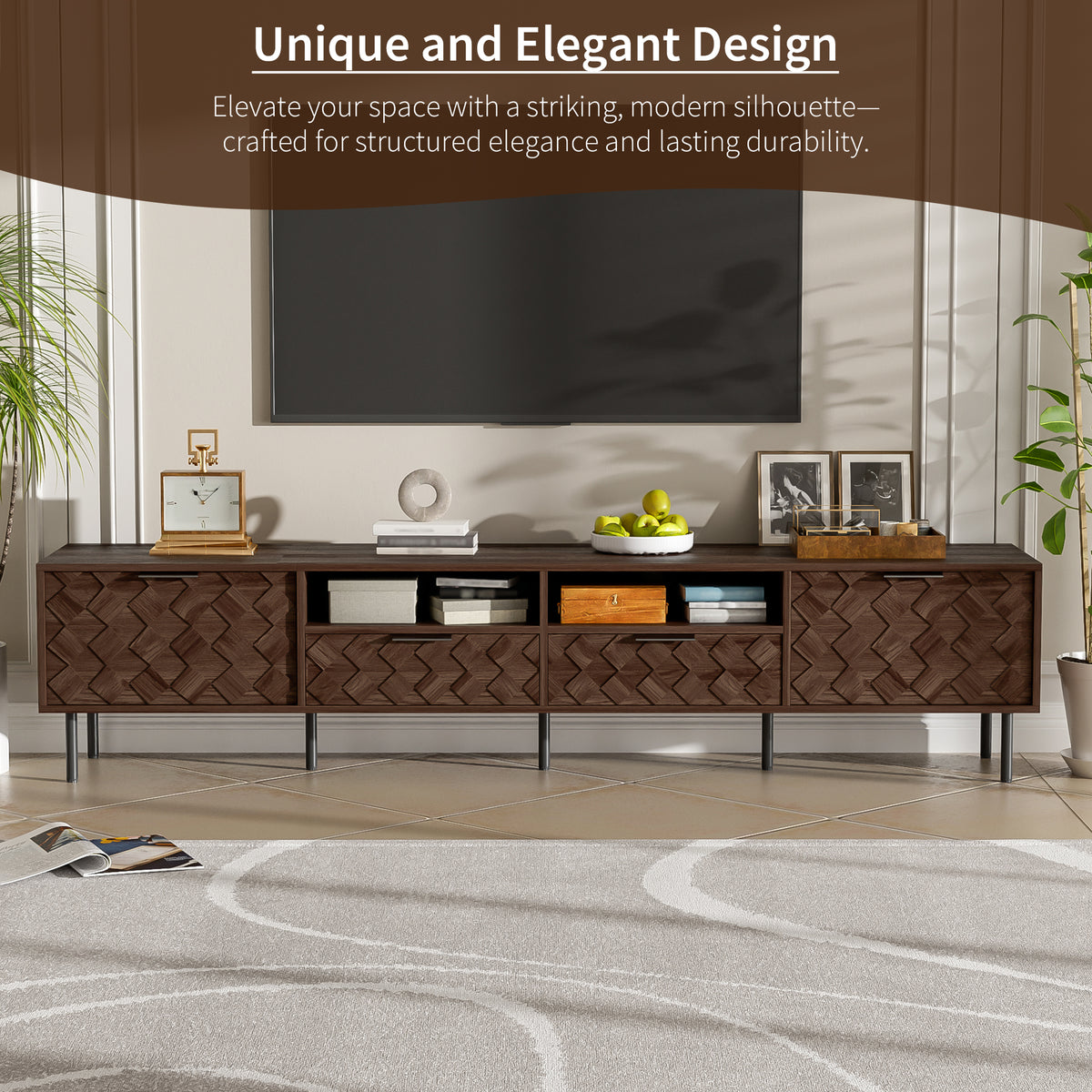 Modern 78 inch TV Stand for TVs up to 85 inches, Walnut Finish with Closed Storage, Soft-Closing Hinges, Iron Legs