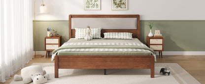 Queen Size, Solid Rubber Wooden Bed with Upholstered Headboard, Reinforced by Central Support Legs,Brown