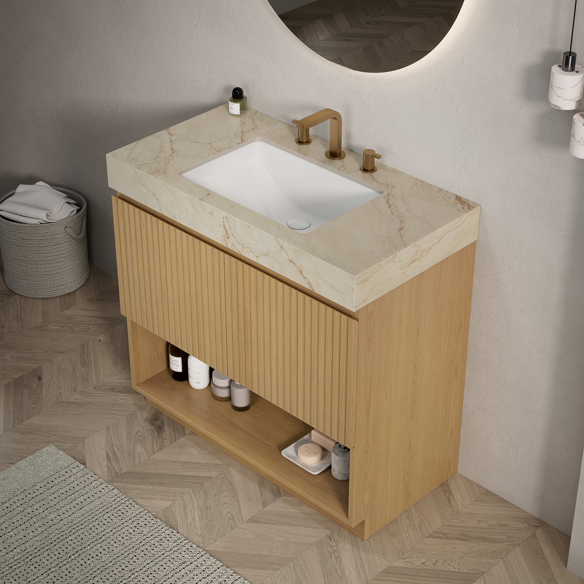 FINO 36" Bathroom Vanity&Sink,Freestanding Cabinet,Cream Gold Vein Sintered Stone Top&Ceramic Basin with 3 Pre-drilled Faucet Holes, Disassembled, Faucet & Drain Excluded, Corolla Oak Woodgrain Color