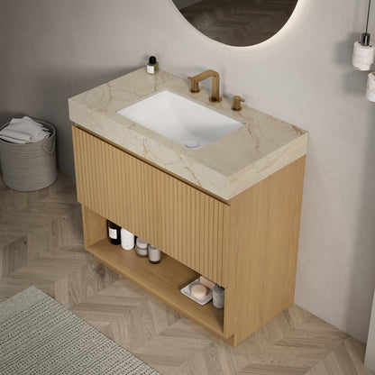 FINO 36" Bathroom Vanity&Sink,Freestanding Cabinet,Cream Gold Vein Sintered Stone Top&Ceramic Basin with 3 Pre-drilled Faucet Holes, Disassembled, Faucet & Drain Excluded, Corolla Oak Woodgrain Color