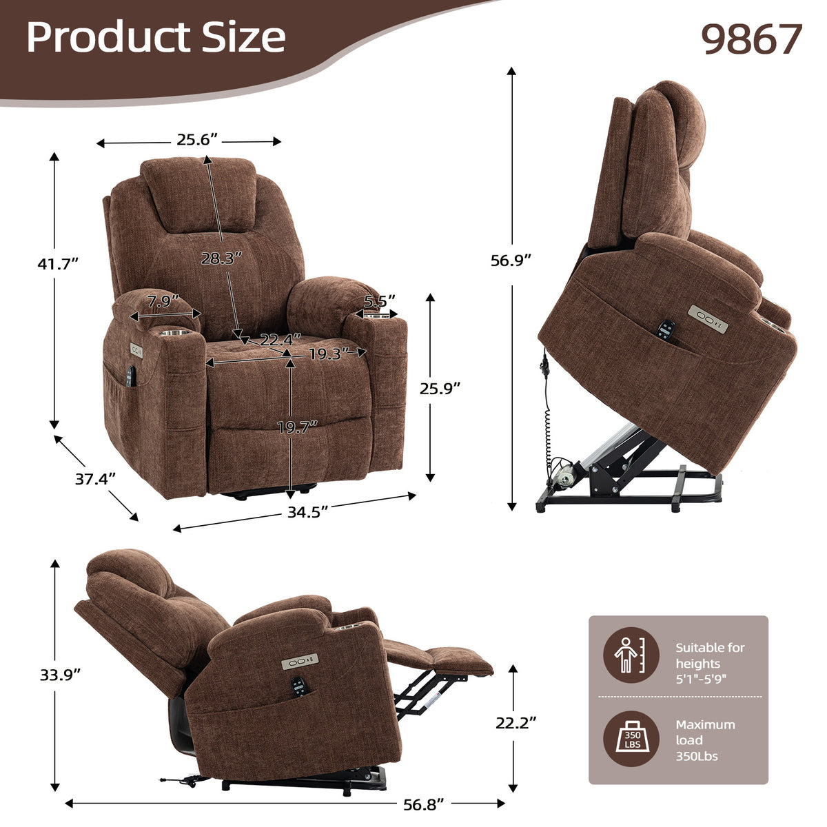 Up to 350 LBS Chenille Power Lift Recliner Chair, Heavy Duty Motion Mechanism with 8-Point Vibration Massage and Lumbar Heating, USB and Type-C Ports, Stainless Steel Cup Holders, Brown