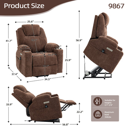 Up to 350 LBS Chenille Power Lift Recliner Chair, Heavy Duty Motion Mechanism with 8-Point Vibration Massage and Lumbar Heating, USB and Type-C Ports, Stainless Steel Cup Holders, Brown