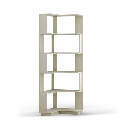6 Tier L-Shaped Corner Bookshelf in White Oak Wood Grain with Anti-Drop Panels and Anti-Tipping Safety Device for Living Room, Bedroom, or Home Office