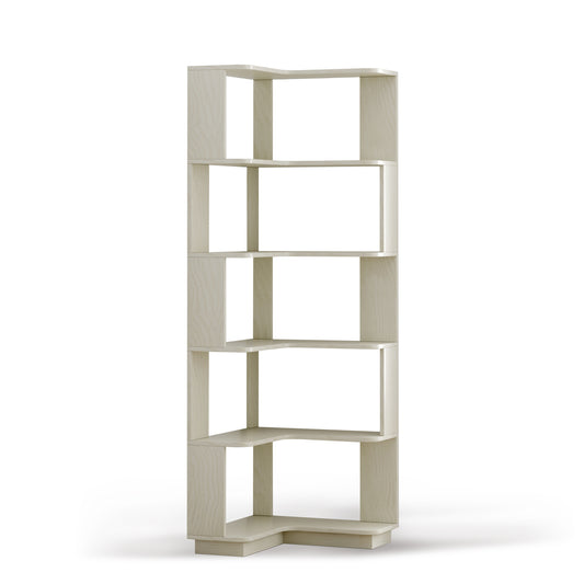 6 Tier L-Shaped Corner Bookshelf in White Oak Wood Grain with Anti-Drop Panels and Anti-Tipping Safety Device for Living Room, Bedroom, or Home Office