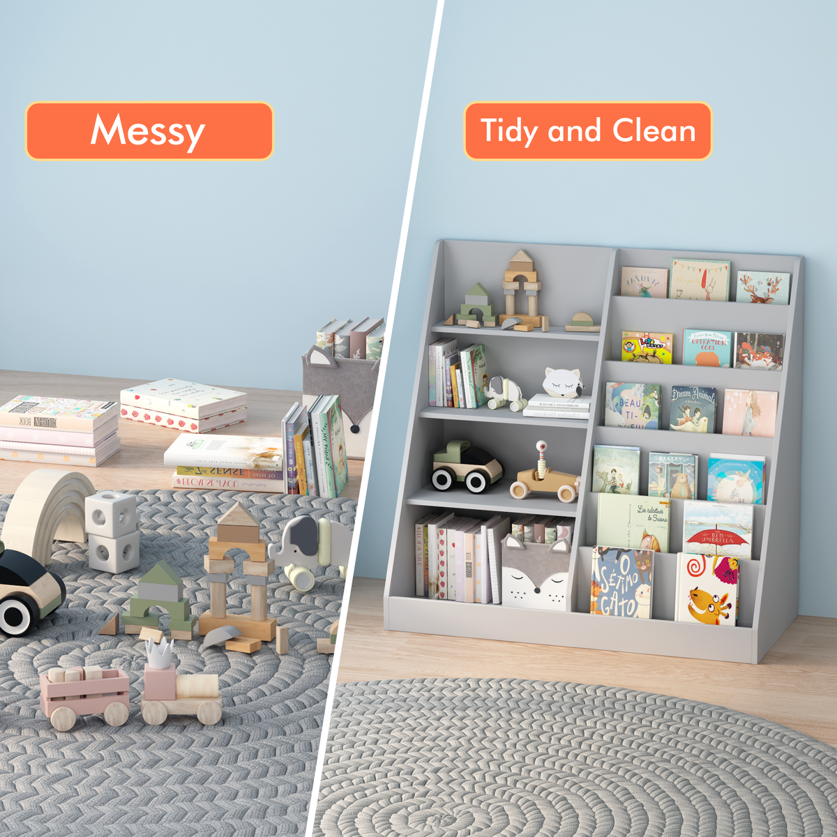 Kids Bookshelf and Toy Storage Organizer, Multifunctional 4 Tier Wooden Kids Book Shelf with Bookcase Display Stand, Children, Toddlers - Gray – Model W808P340216