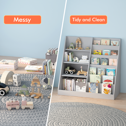 Kids Bookshelf and Toy Storage Organizer, Multifunctional 4 Tier Wooden Kids Book Shelf with Bookcase Display Stand, Children, Toddlers - Gray – Model W808P340216