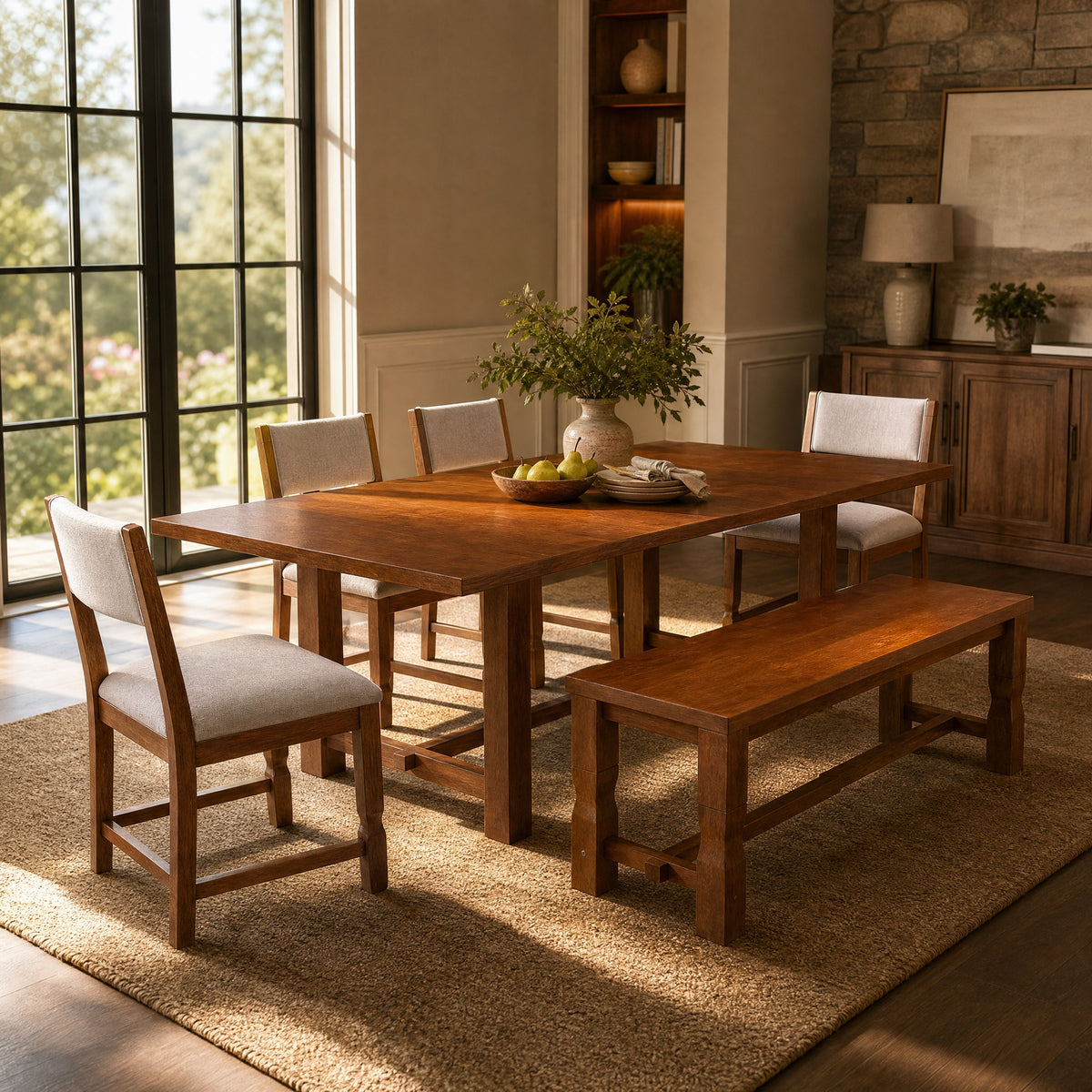 TOPMAX 6-Piece Dining Set with Bench, Extendable Rubberwood Table with 2 Removable Leaves, 4 Padded Chairs and 1 Bench for Kitchen Dining Room, Brown