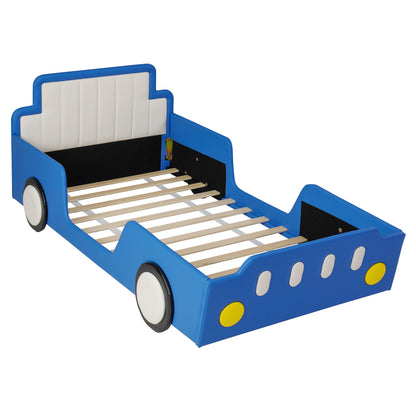 Twin Size Race Car-Shaped Platform Bed with Wheels,Blue
